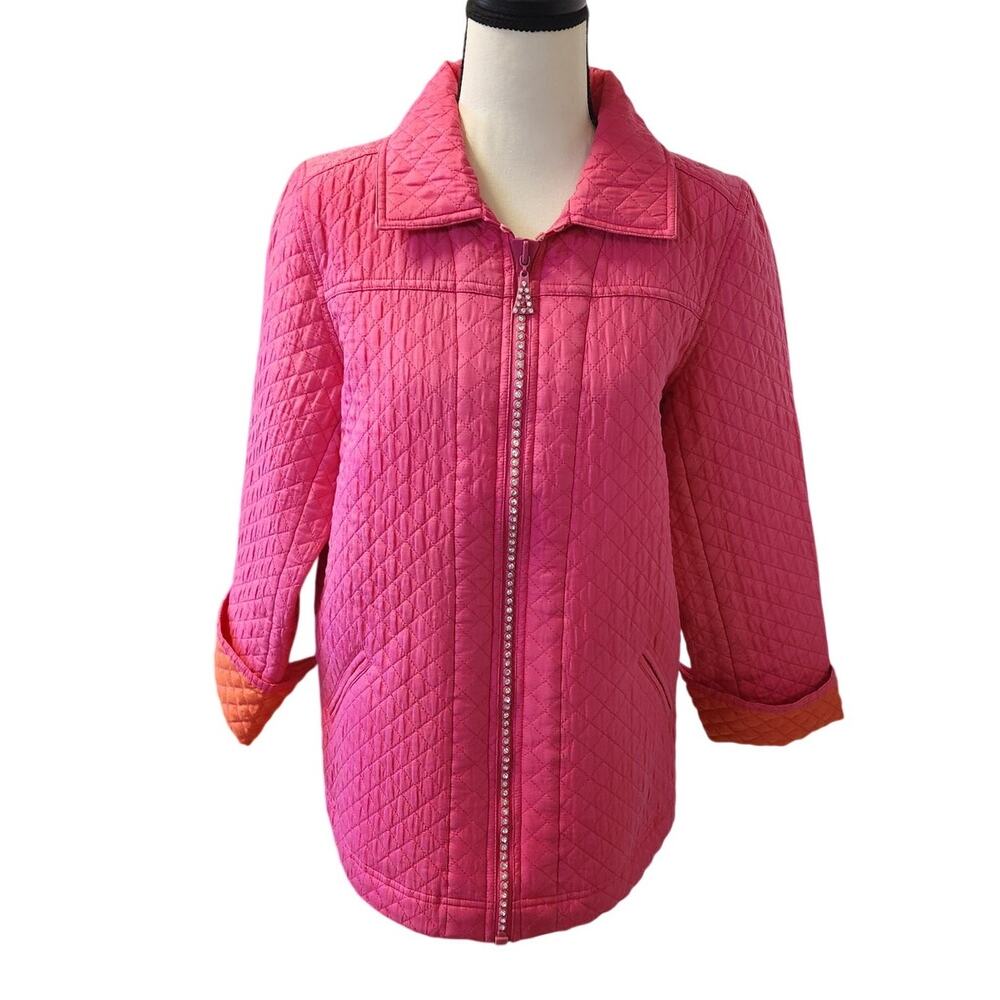 Silk Quacker Factory Pink Orange Quilted Rhinestone Jacket Size Small like NEW